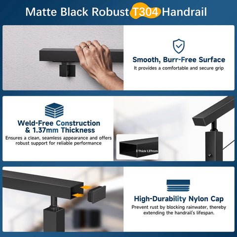 Kickass Black Stainless Steel Handrail For Cable Railing System 6 Foot 6 Inch Length Two Pack Heavy Duty Metal Grip Rail shown with a hand on a support post.