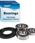Heavy Duty Front Load Washer Tub Bearing And Seal Replacement Kit With Three Rock Solid Bearings And One Leak Proof Gasket For GE Machines showing three steel bearings and a black gasket.