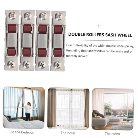 Heavy Duty Stainless Steel Sash Roller Double Wheel Pulley 4 Pack for Sliding Windows and Doors close-up view on a white background.