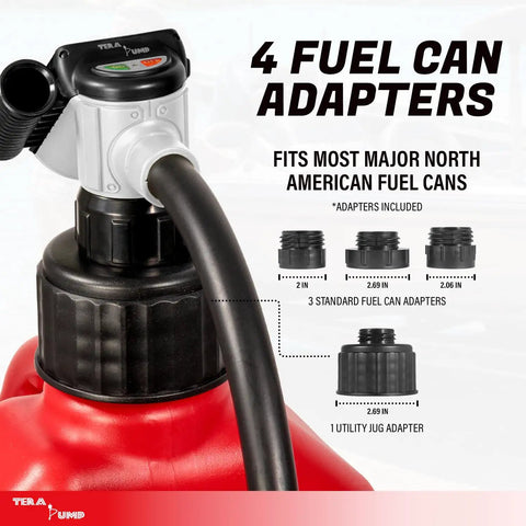 Grab And Go Cordless Fuel Transfer Pump Featuring Auto Stop Safety And Comfort Grip 4 Gpm Portable Gas Pump with 4 fuel can adapters.