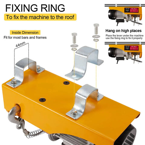 Mounting brackets and screws on yellow Electric Hoist 1320 Lbs Winch With Remote Control 110V Lift System for installation.
