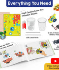 Motor Powered 10 In 1 STEM Kit For Kids with manuals, wooden parts, motor, and accessories for building gadgets.