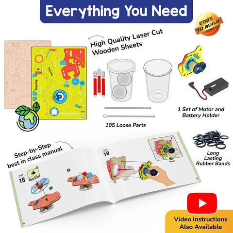 Motor Powered 10 In 1 STEM Kit For Kids with manuals, wooden parts, motor, and accessories for building gadgets.