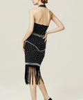 Back view of Glam Gatsby Era Flapper Dress For Women With Sequin Fringe And Halter Neck Sleeveless Knee Length Backless Party Dress In Black