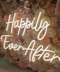 Two Piece Dope Happily Ever After LED Neon Light Sign Set Warm White With Dimmer on floral backdrop
