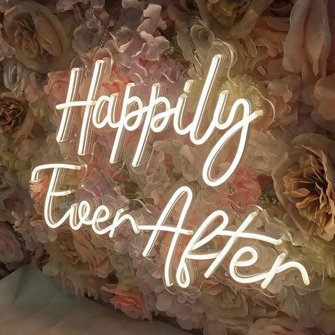 Two Piece Dope Happily Ever After LED Neon Light Sign Set Warm White With Dimmer on floral backdrop