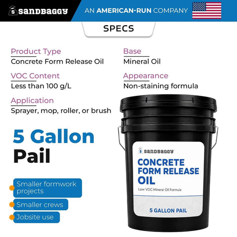 Pro Grade Concrete Release Agent And Non Staining Form Oil in a 5-gallon pail, displayed with usage specs and application details.