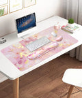 4 In 1 Large Gaming Mouse Pad For Gamers With Keyboard Wrist Rest And Mouse Wrist Support Extended Waterproof Desk Pad For Home Office Study And Gaming Pink Gold Marble Finish on desk with keyboard and mouse