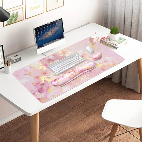 4 In 1 Large Gaming Mouse Pad For Gamers With Keyboard Wrist Rest And Mouse Wrist Support Extended Waterproof Desk Pad For Home Office Study And Gaming Pink Gold Marble Finish on desk with keyboard and mouse