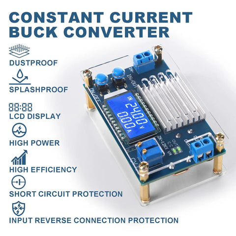 Dope Adjustable DC Buck Converter Power Supply From 5.3V To 32V Down To 1.2V To 32V With LCD Display, heat sink, and acrylic case