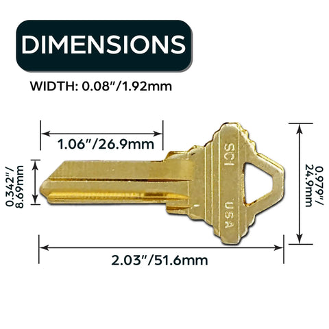 Dimensions of Hardy Uncut SC1 Key Blanks In Premium Brass For Home And Pro Use 50 Durable Brass Keys Compatible With Five Pin Locks