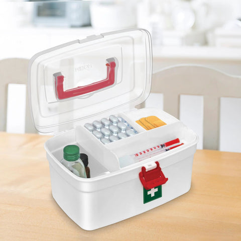Milton medical box, white plastic first aid kit with transparent lid and red latch, detachable tray.