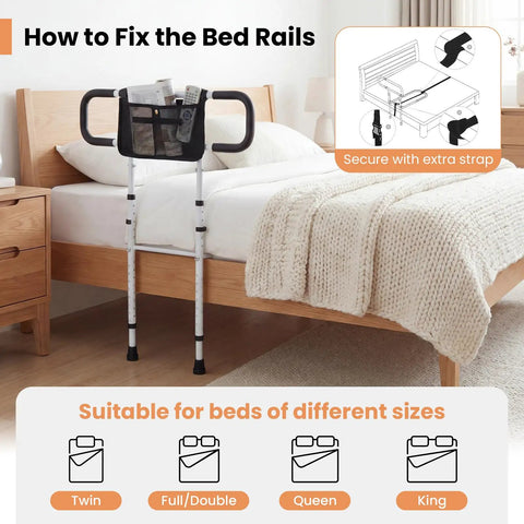 Image showing a white Foldable Bed Rail For Seniors with adjustable width and height installed on a wooden bed, safety guide included.