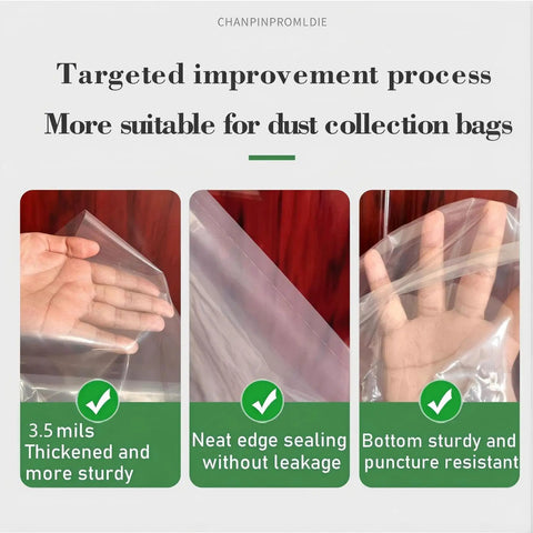 Visual demonstration of 55 Gallon Dust Collector Bags 6 Pack One Sided 3.5 Mil Clear Poly 31x40 Inches for durability and seal quality