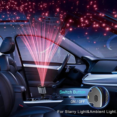 Four In One Retractable Car Charger With Starry Light 69W USB C Fast Car Charger installed in vehicle emitting red starry lights.