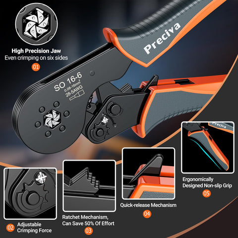 Ferrule Crimping Tool Kit Upgrade Double And Single Ferrules Connectors With Hexagonal Ratchet Jaw Wire Crimping Pliers AWG 28 To 5 And 1200 Pcs Terminal Connector Sleeves featuring hexagonal jaw and ergonomic grip.