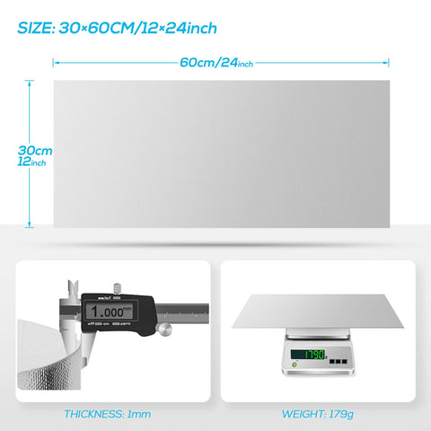 Dimensions and weight details of Heavy Duty Pro Grade Aluminized Heat Shield Mat With Adhesive Backing Thermal Barrier Blanket 12x24 Inches.