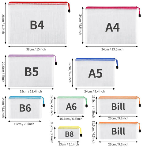 Mesh Zipper Pouch Bags Set, 30 Pieces In 8 Sizes And 8 Colors Waterproof Storage Pouches, showing various size measurements.