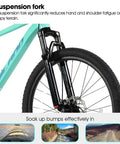 Front suspension fork on 26 Inch Mountain Bike For Adults With 21 Speed Drivetrain, Dual Disc Brakes, High Carbon Steel Frame.