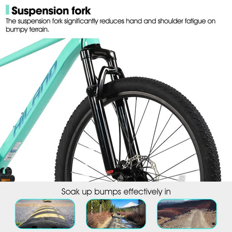 Front suspension fork on 26 Inch Mountain Bike For Adults With 21 Speed Drivetrain, Dual Disc Brakes, High Carbon Steel Frame.