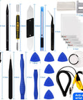 136 In 1 Electronics Repair Tool Kit With Magnetic Drive Bits layout showing tools including spudgers, wrist strap, and screwdrivers.
