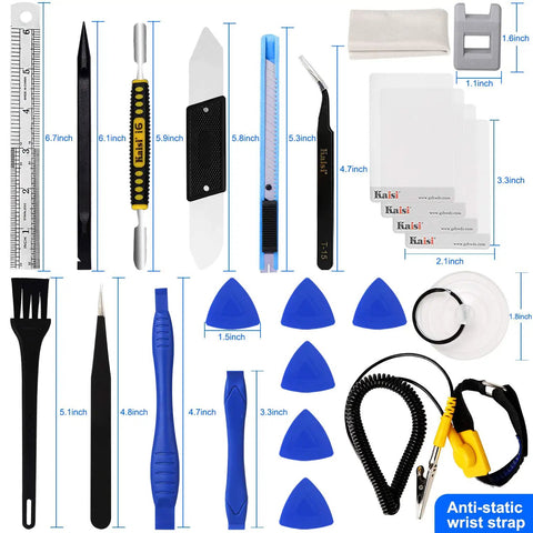 136 In 1 Electronics Repair Tool Kit With Magnetic Drive Bits layout showing tools including spudgers, wrist strap, and screwdrivers.