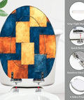 Elongated Toilet Seat for Bathroom with colorful geometric design, measuring 14.5" x 18.5", featuring stainless steel hinges.