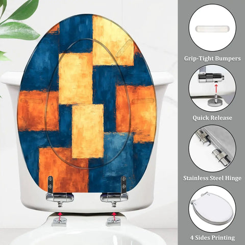 Elongated Toilet Seat for Bathroom with colorful geometric design, measuring 14.5" x 18.5", featuring stainless steel hinges.