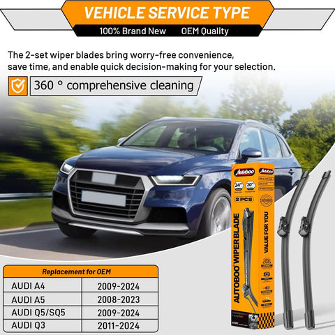 Beefy All Weather Wiper Blade Replacement For Audi A4 Q5 Q3 A5 RS5 S5 Allroad 2009-2020 24 Inch And 20 Inch Wipers Set display