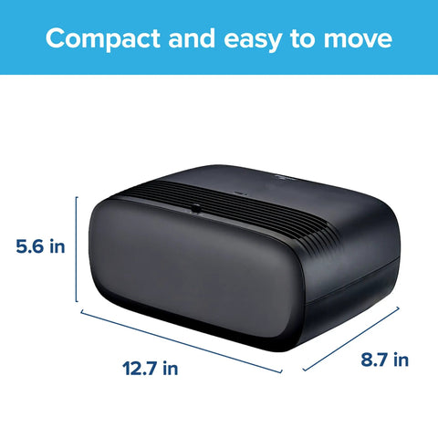 Compact Tabletop Air Purifier For Small Rooms Up To 80 Sq Ft With HEPA Type Filter shown with dimensions 12.7 x 8.7 x 5.6 inches