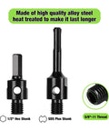 BETTERI core drill bit adapters set (2 pcs): 1/2in hex shank and SDS Plus shank with 5/8-11 threads, black metal.