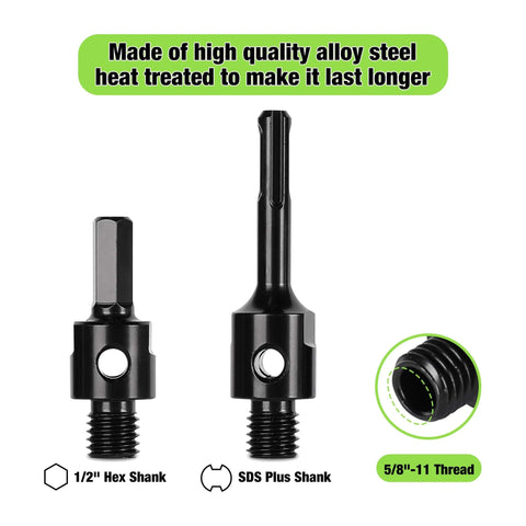 BETTERI core drill bit adapters set (2 pcs): 1/2in hex shank and SDS Plus shank with 5/8-11 threads, black metal.