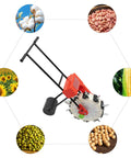 Manual Hand Push Garden Seeder Walk Behind Row Crop Planter With 10 Nozzles surrounded by crop images