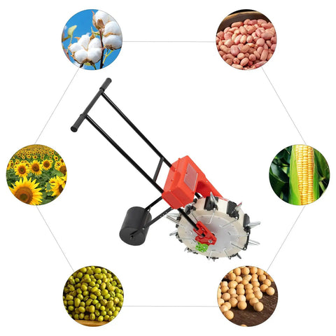 Manual Hand Push Garden Seeder Walk Behind Row Crop Planter With 10 Nozzles surrounded by crop images