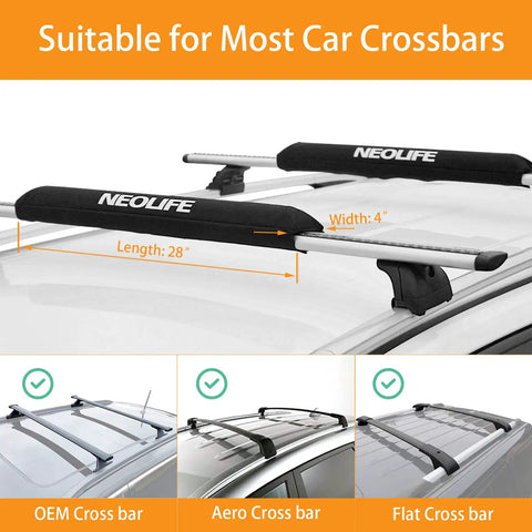 Soft Roof Rack Pads With Two 15 Ft Tie Down Straps For Surfboard, SUP Paddleboard, And Snowboard, black padding on car crossbars
