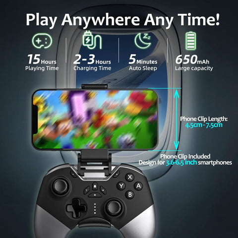 Wireless Game Controller for Switch PC iPhone Android Apple Arcade TV Steam with phone clip in airplane setting