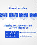 LCD interface of DC Buck Boost Converter Regulator Module With LCD Display And Solid Dope Adjustable CC CV Output, showing voltage and current settings.