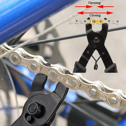 Go To Bicycle Chain Link Pliers Master Link Tool for Quick Removal and Repair shown removing chain link on bike