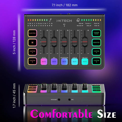 Top view of the 4 Channel Gaming Audio Mixer With RGB Streaming Interface And XLR Microphone Support 48V Phantom Power.