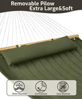 Double Quilted Fabric Hammock With Hardwood Spreader Bars And Pillow 450 Lbs Capacity Two Person Outdoor Patio Hammock For Backyard Poolside Green Built To Chill And Weather Resistant, showing green fabric and pillow
