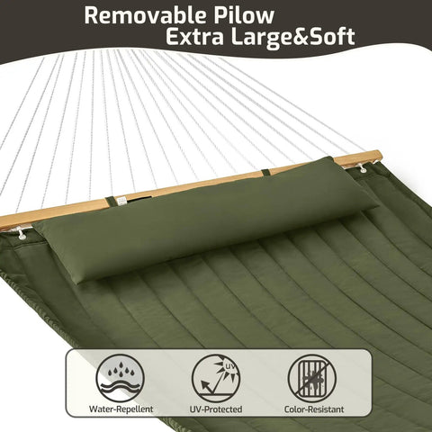 Double Quilted Fabric Hammock With Hardwood Spreader Bars And Pillow 450 Lbs Capacity Two Person Outdoor Patio Hammock For Backyard Poolside Green Built To Chill And Weather Resistant, showing green fabric and pillow