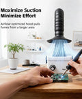 Straight Up Heavy Duty Solder Fume Extractor With Beastmode Suction And Washable Hepa Filters That Runs Pretty Damn Quiet Featuring Flex Gooseneck Snorkel And Thumb Wheel Speed Control For Workshop Bench in use with airflow around soldering circuit board.