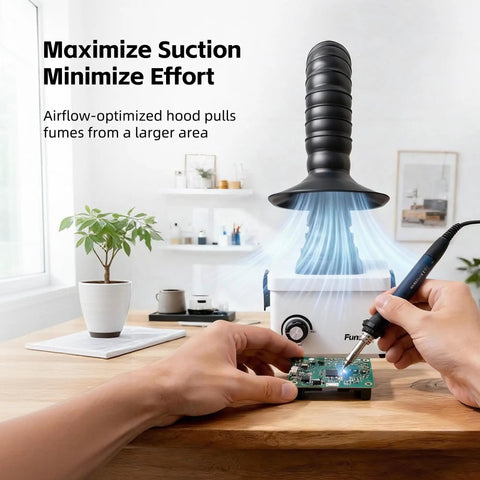 Straight Up Heavy Duty Solder Fume Extractor With Beastmode Suction And Washable Hepa Filters That Runs Pretty Damn Quiet Featuring Flex Gooseneck Snorkel And Thumb Wheel Speed Control For Workshop Bench in use with airflow around soldering circuit board.