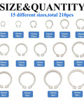 210 pcs 304 stainless steel external C clips set for shafts and cylinders 8mm to 36mm retaining snap ring assortment kit sizes shown