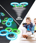 Kids Drone With Altitude Hold And Headless Mode Quad Copter With Neon Blue And Green Lights in action with kids playing indoors.