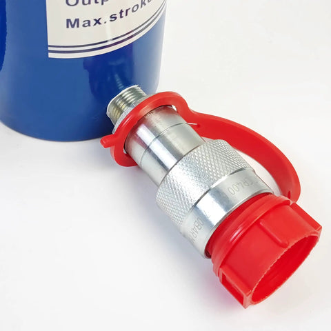 Close-up of three eighth NPT quick coupler on Beefy 30 Ton Single Acting Hydraulic Cylinder Ram With 2 Inch Stroke, 10,000 PSI Max