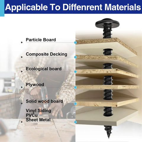 Top Notch Black Truss Head Wood Screws Assortment, 170 Piece Self Tapping Carbon Steel Kit with corrosion resistance shown on various materials.