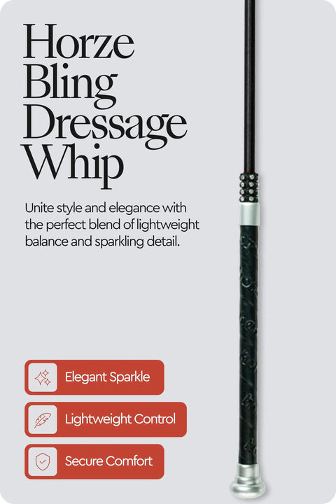 Lightweight Dressage Whip With Bling Crystals And Leather Wrapped Grip Handle, Subtle Sparkle, Mushroom Cap, Black Finish, 40 Inch Equestrian Whip For Precise Cues And Style with elegant sparkle, lightweight control, and secure comfort design details.
