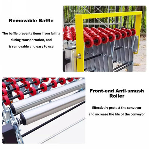 Close-up of wide adjustable unpowered conveyor table with flexible rollers and removable baffle, portable warehouse roller for freight handling.