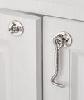 Two Pack Brushed Nickel Stainless Steel Hook And Eye Latch on white cabinet, 4 inch heavy duty for secure locking.